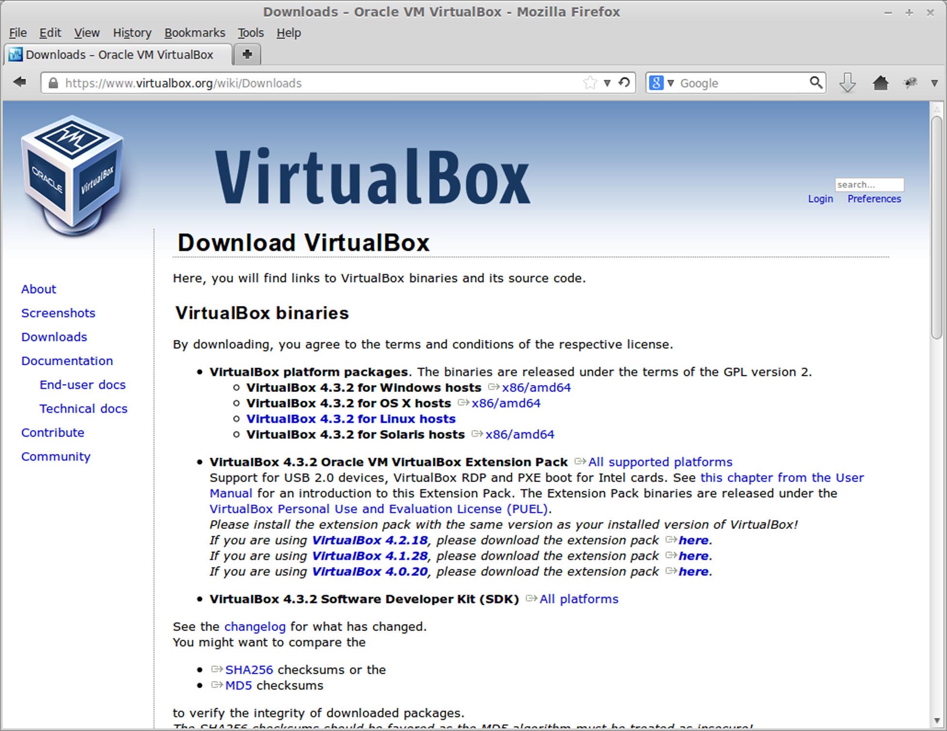 VirtualBox Download Page